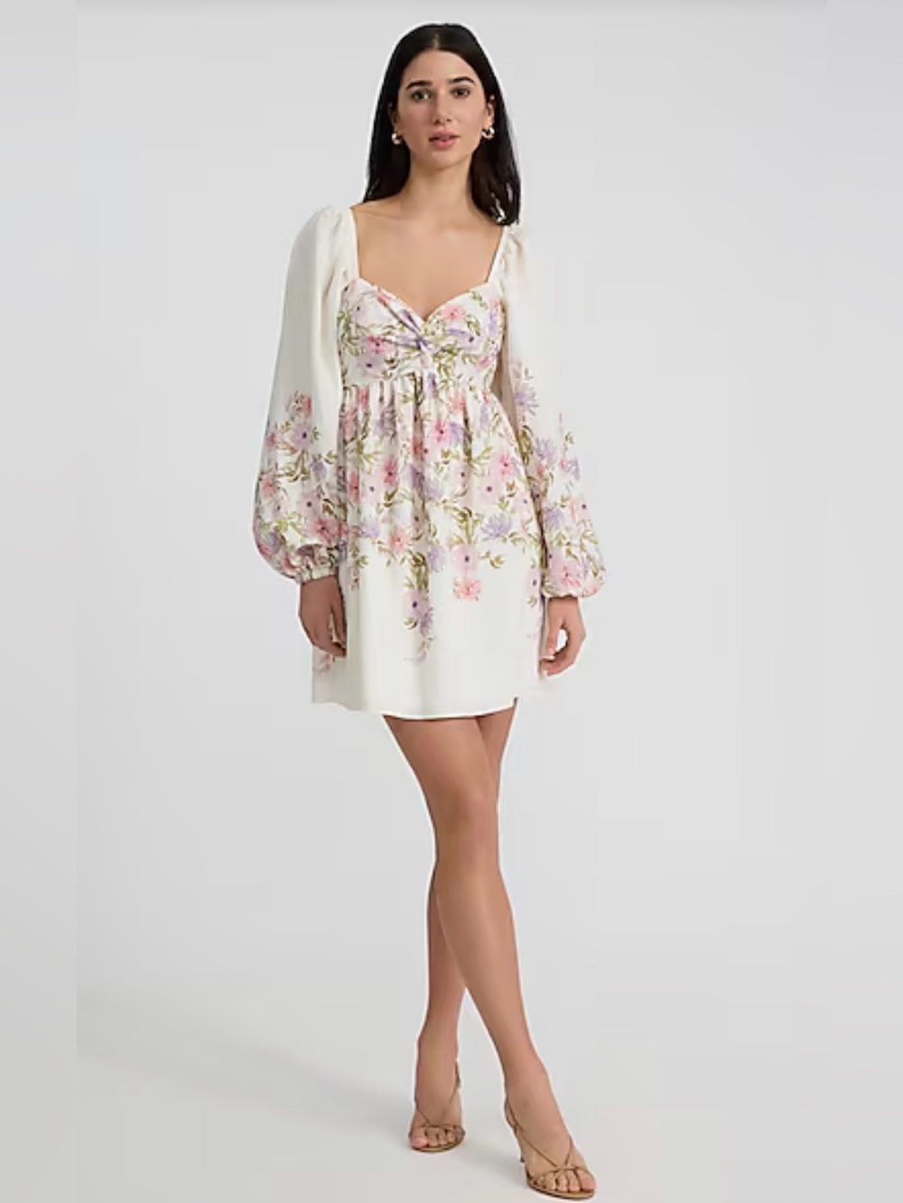 Express Cream Floral Mini Dress with Pink & Green Blooms